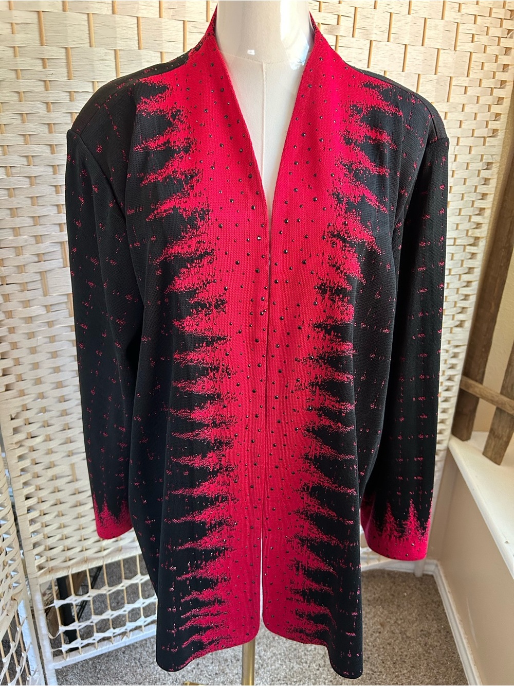 MING WANG Woman 1X Black Red Open-Front Studded Cardigan Sweater Top Like New